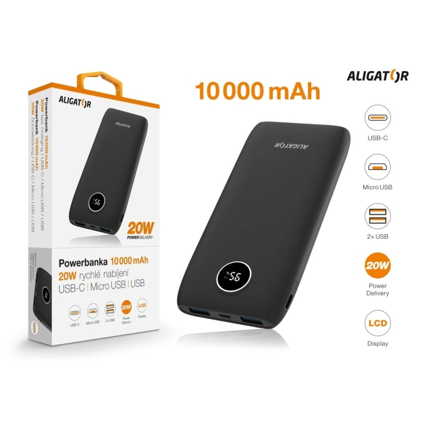 Aligator PBPD10BK - Power Bank com ecrã LCD Power Delivery 10000 mAh/20W/3,7V preto