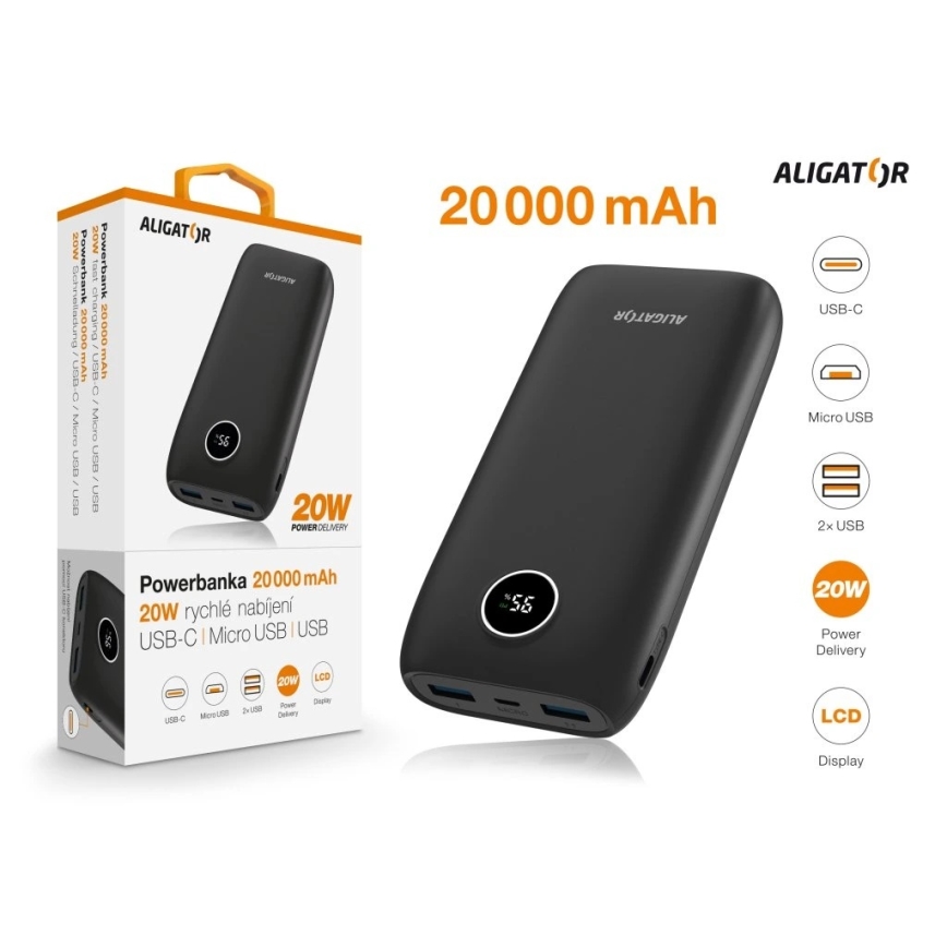 Aligator PBPD20BK - Power Bank com ecrã LCD, Power Delivery, 20000 mAh/20W/3,7V, preto