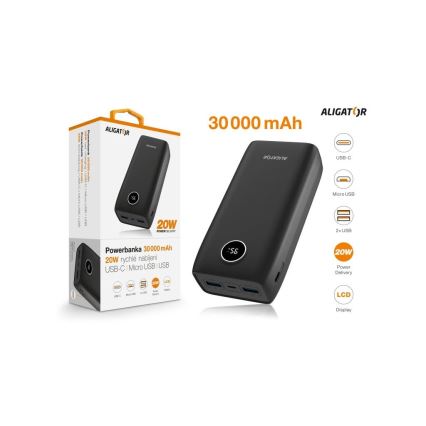 Aligator PBPD30BK - Powerbank com ecrã LCD Power Delivery 30000 mAh/20W/3,7V preto