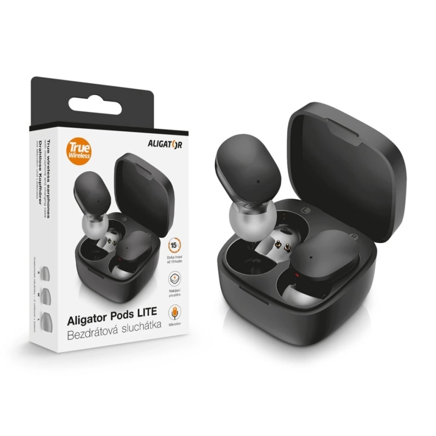 Aligator TWS05 - Auriculares sem fios Pods LITE 200 mAh + 2x 30 mAh pretos