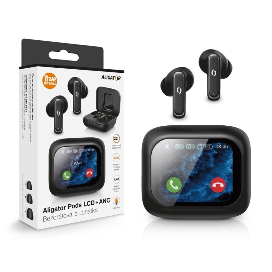 Aligator TWS07 - Auscultadores sem fios Pods com ecrã LCD + ANC 400 mAh + 2x 40 mAh IP30 pretos