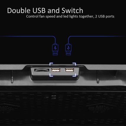Almofada de arrefecimento para portátil 5x ventoinha 2xUSB preta