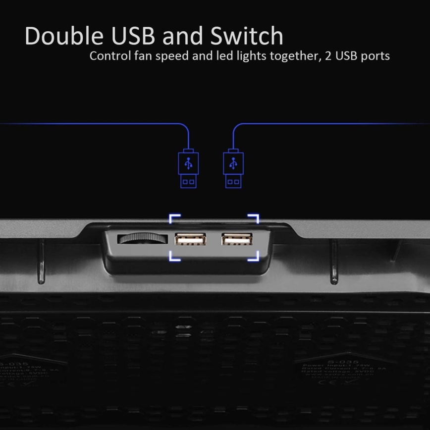 Almofada de arrefecimento para portátil 5x ventoinha 2xUSB preta