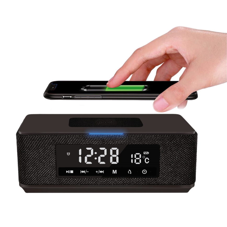 Altifalante recarregável com ecrã LCD, despertador e carregamento sem fios 3600 mAh