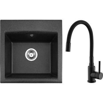 ALVEUS SETA23193 - Piață de bucătărie ATROX 50x50 cm + baterie de chiuvetă cu braț flexibil MINTAS 34 cm granit/mat negru