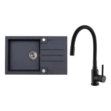 ALVEUS SETA23201 - Pia de cozinha ROCK 78x48 cm + torneira com bico flexível MINTAS 34 cm granito/preto mate