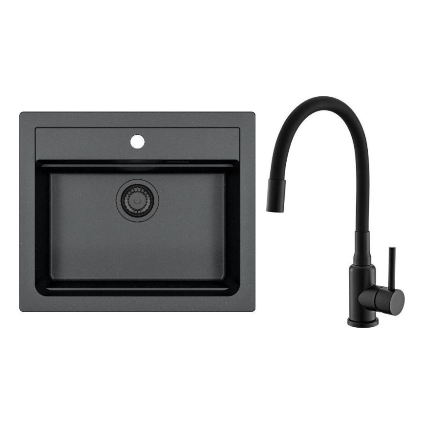 ALVEUS SETA23228 - Pia de bucătărie ATROX 59x50 cm + robinet cu braț flexibil MINTAS 34 cm granit/preto mate