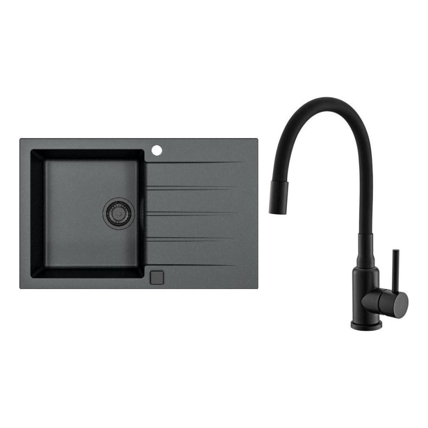 ALVEUS SETA23231 - Cuba de cozinha CADIT 79x50 cm + misturador para cuba MINTAS 34 cm com bica flexível, granito/preto mate