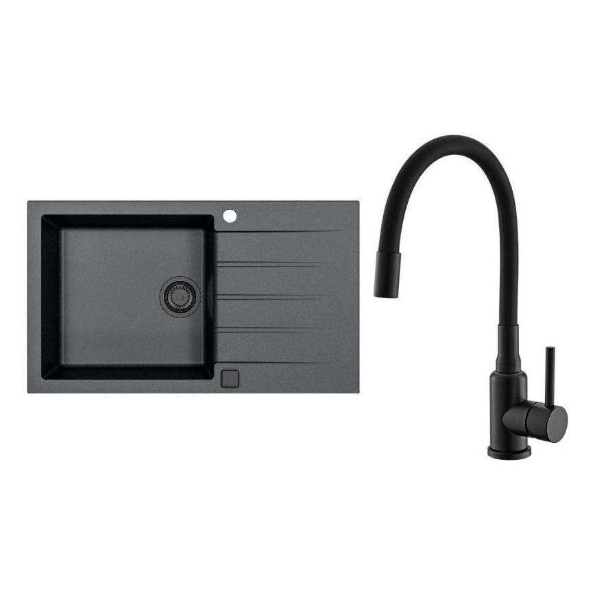 ALVEUS SETA23232 - Cuba de cozinha CADIT 86x50 cm + torneira de cozinha com bico flexível MINTAS 34 cm granito/preto mate