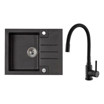 ALVEUS SETA23236 - Pia de cozinha ROCK 59,5x47,5 cm + torneira com bico flexível MINTAS 34 cm em granito/preto mate