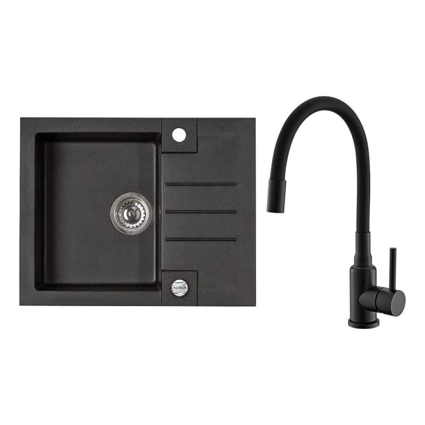 ALVEUS SETA23236 - Pia de cozinha ROCK 59,5x47,5 cm + torneira com bico flexível MINTAS 34 cm em granito/preto mate