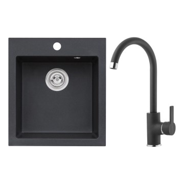 ALVEUS SETA737 - Cuba de cozinha CORTINA 50x45 cm + torneira de cozinha com bica flexível TONIA 29,5 cm granito/preto mate