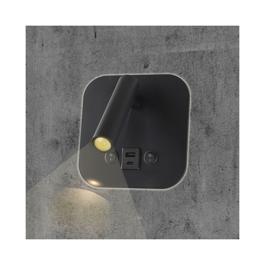 Aplique de parede LED com foco e porta USB LED/8W/230V 3000K preto