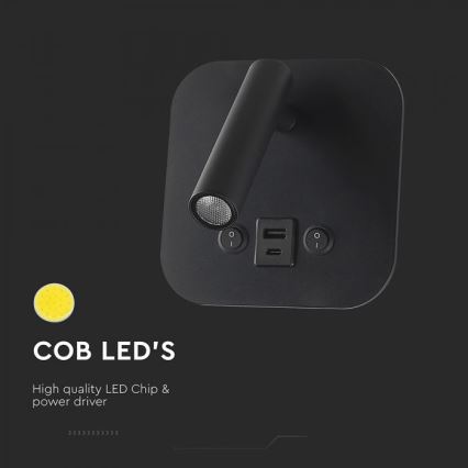 Aplique de parede LED com foco e porta USB LED/8W/230V 3000K preto