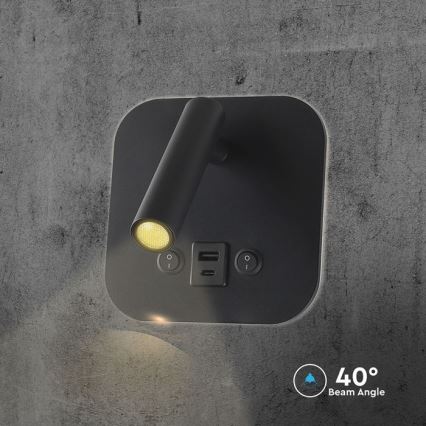 Aplique de parede LED com foco e porta USB LED/8W/230V 3000K preto