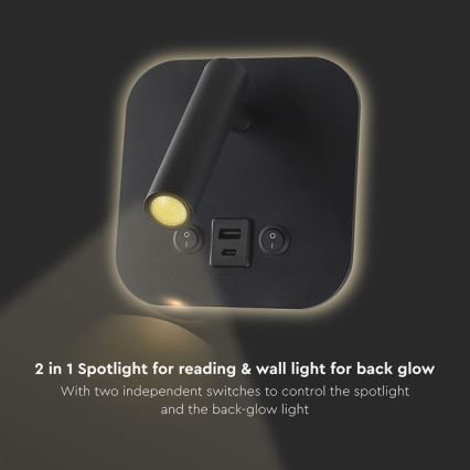 Aplique de parede LED com foco e porta USB LED/8W/230V 3000K preto