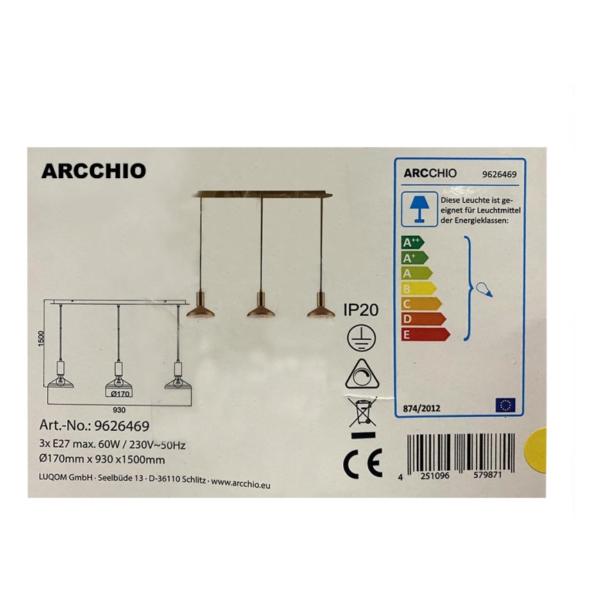 Arcchio - Candelabro suspenso JAIKA 3xE27/60W/230V