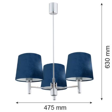 Argon 1381 - Candelabro suspenso BOLZANO 3xE27/15W/230V cromado azul/brilhante