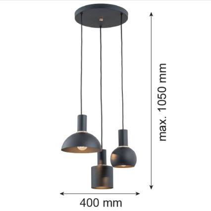 Argon 1472 - Candelabro suspenso SINES 3xE27/15W/230V preto