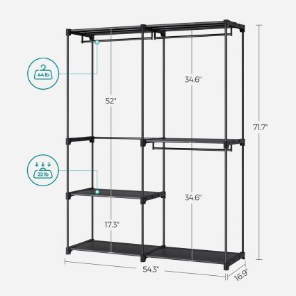 Armário de arrumação com prateleiras e barra para cabides MATIS 138x182 cm, preto