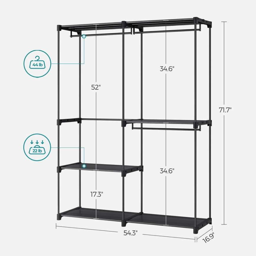 Armário de arrumação com prateleiras e barra para cabides MATIS 138x182 cm, preto