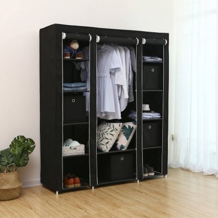 Armário de tecido MATIS 150x175 cm, preto, com prateleiras e barra para cabides