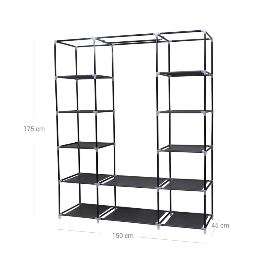 Armário de tecido MATIS 150x175 cm, preto, com prateleiras e barra para cabides