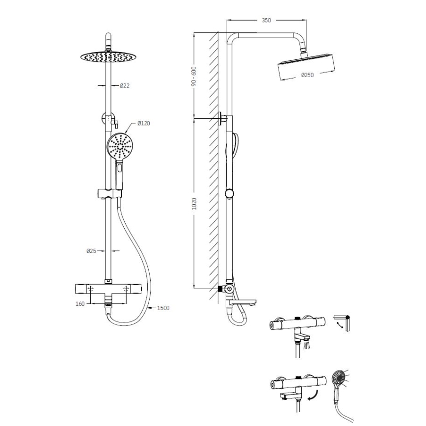 BATH DELUXE 31-160-11-60-00 - Conjunto de duche com torneira termostática DRAGOR cromado brilhante