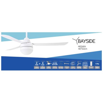 BAYSIDE 531016 - Ventoinha de teto MEGARA 2xE14/15W/230V branco + controlo remoto