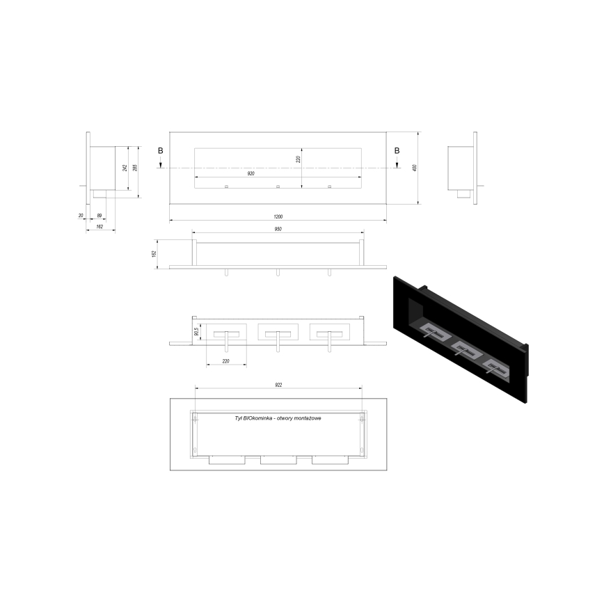 Kratki - Lareira BIO embutida 40x120 cm 3x1,1kW preta