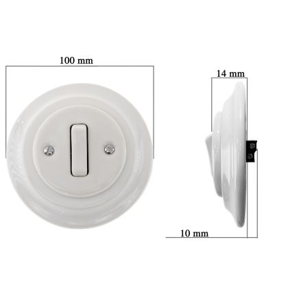 Bohemia-Design - Interruptor retro simples em porcelana com moldura para campainha, branco