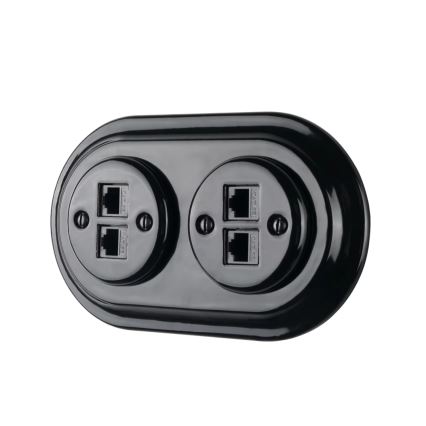 Bohemia-Design - Tomada Ethernet retro em porcelana sem moldura, 2 portas CAT.5E, preta