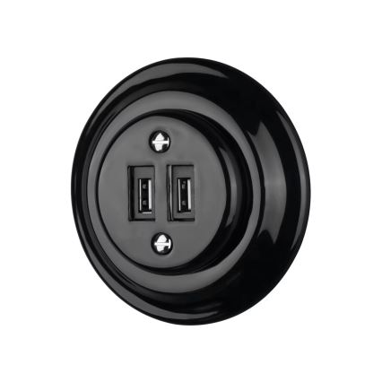 Bohemia-Design - Tomada USB retro em porcelana sem moldura, 2x USB-A, preta