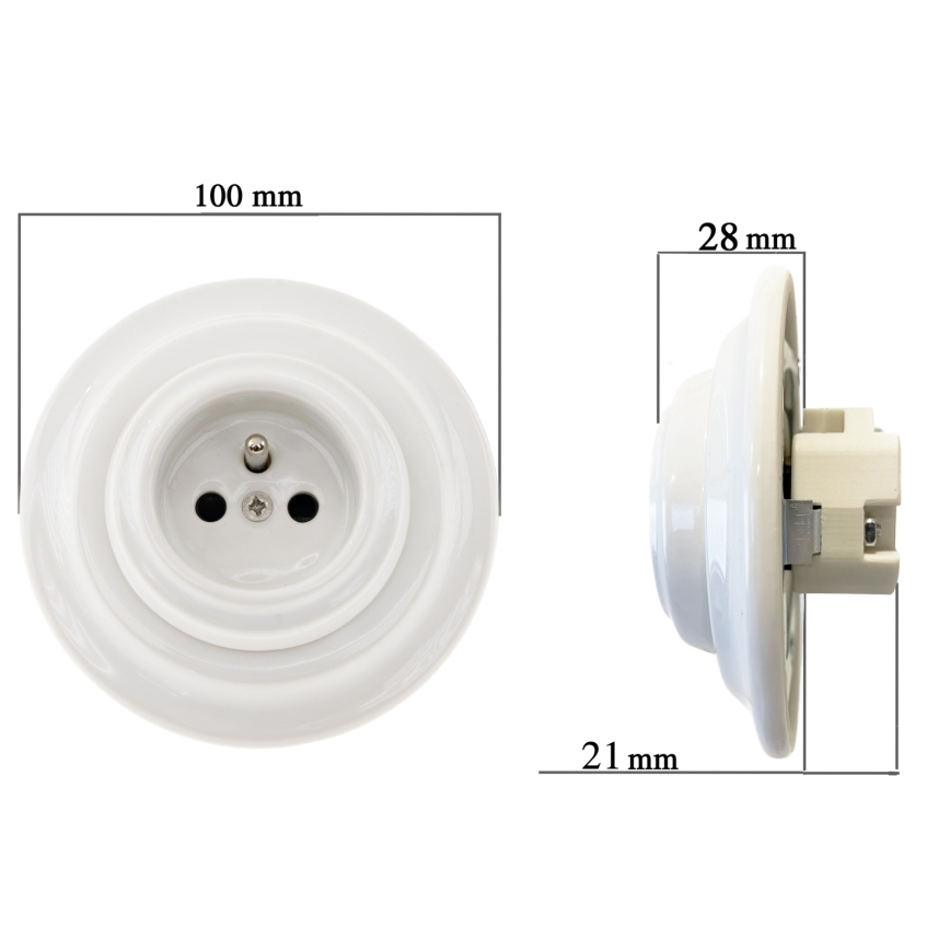 Bohemia-Design - Tomada retro de porcelana para uso doméstico com moldura 250V/16A branca