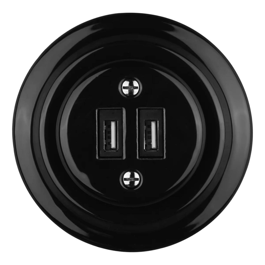 Bohemia-Design - Tomada retro em porcelana com moldura e alimentação USB, 2xUSB-A, preta