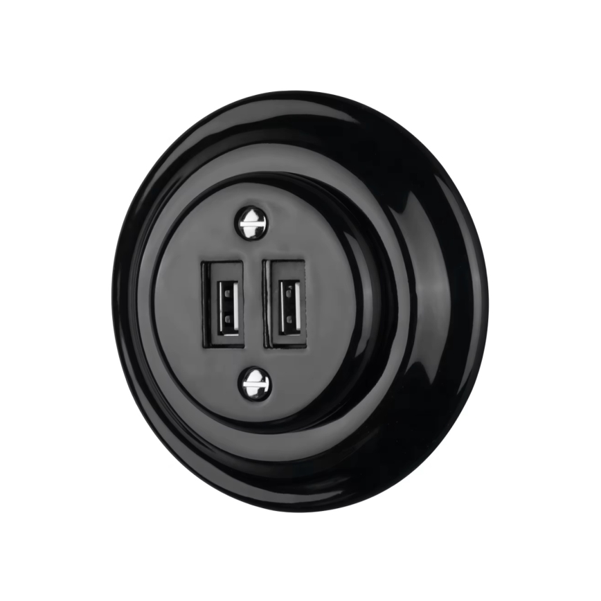 Bohemia-Design - Tomada retro em porcelana com moldura e alimentação USB, 2xUSB-A, preta