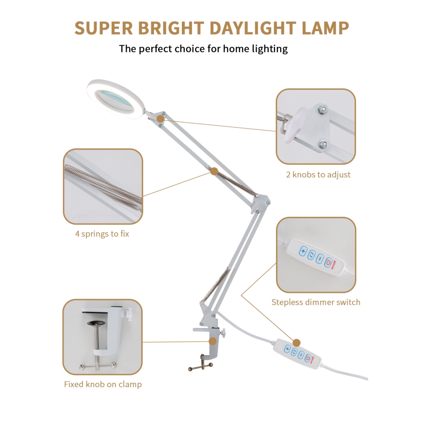 Brilagi - Candeeiro de mesa LED com regulação e lupa LENS LED/12W/5V 3000/4200/6000K branco