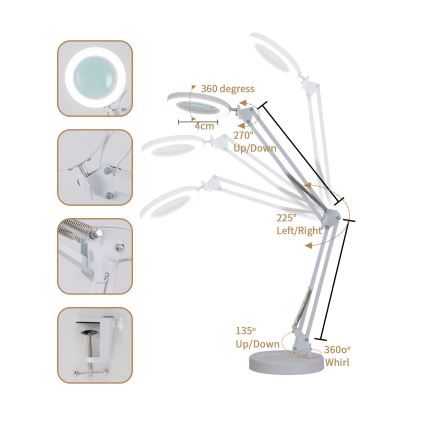 Brilagi - Candeeiro de mesa LED com regulação e lupa LENS LED/12W/5V 3000/4200/6000K branco