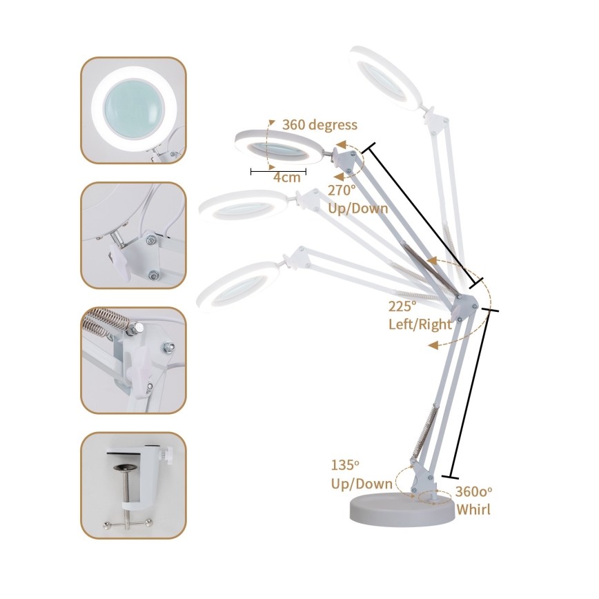 Brilagi - Candeeiro de mesa LED com regulação e lupa LENS LED/12W/5V 3000/4200/6000K branco