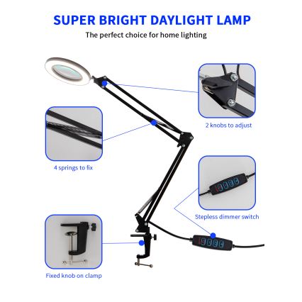 Brilagi - Candeeiro de mesa LED com regulação e lupa LENS LED/12W/5V 3000/4200/6000K preto