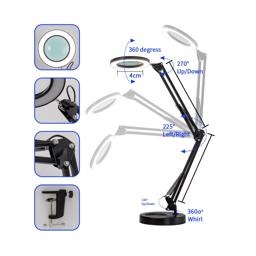 Brilagi - Candeeiro de mesa LED com regulação e lupa LENS LED/12W/5V 3000/4200/6000K preto