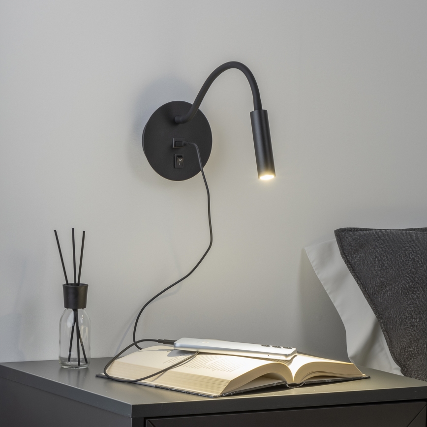Brilagi - Candeeiro de parede LED flexível com porta USB MAYA LED/3W/230V 4000K preto