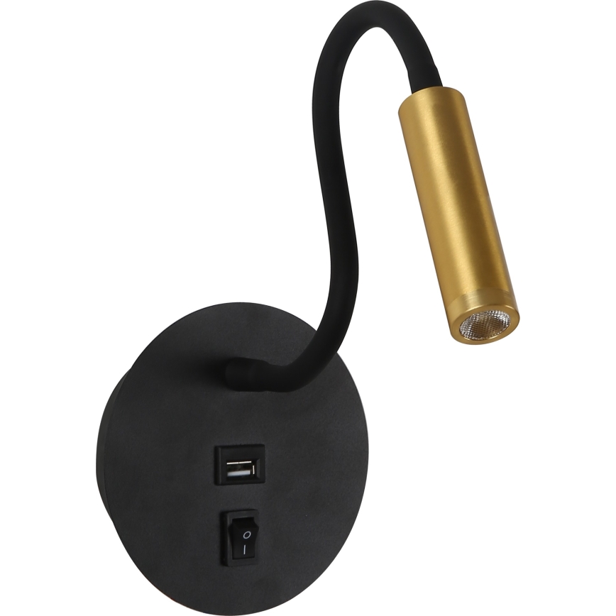 Brilagi - Candeeiro de parede LED flexível com porta USB MAYA LED/3W/230V 4000K preto/dourado