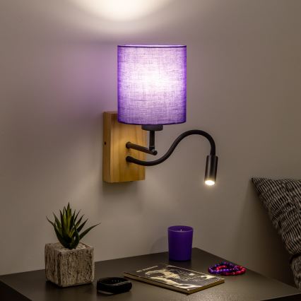 Brilagi - LED Candeeiro de parede flexível NUBILA WOOD 1xE27/25W/230V + LED/3W carvalho/roxo