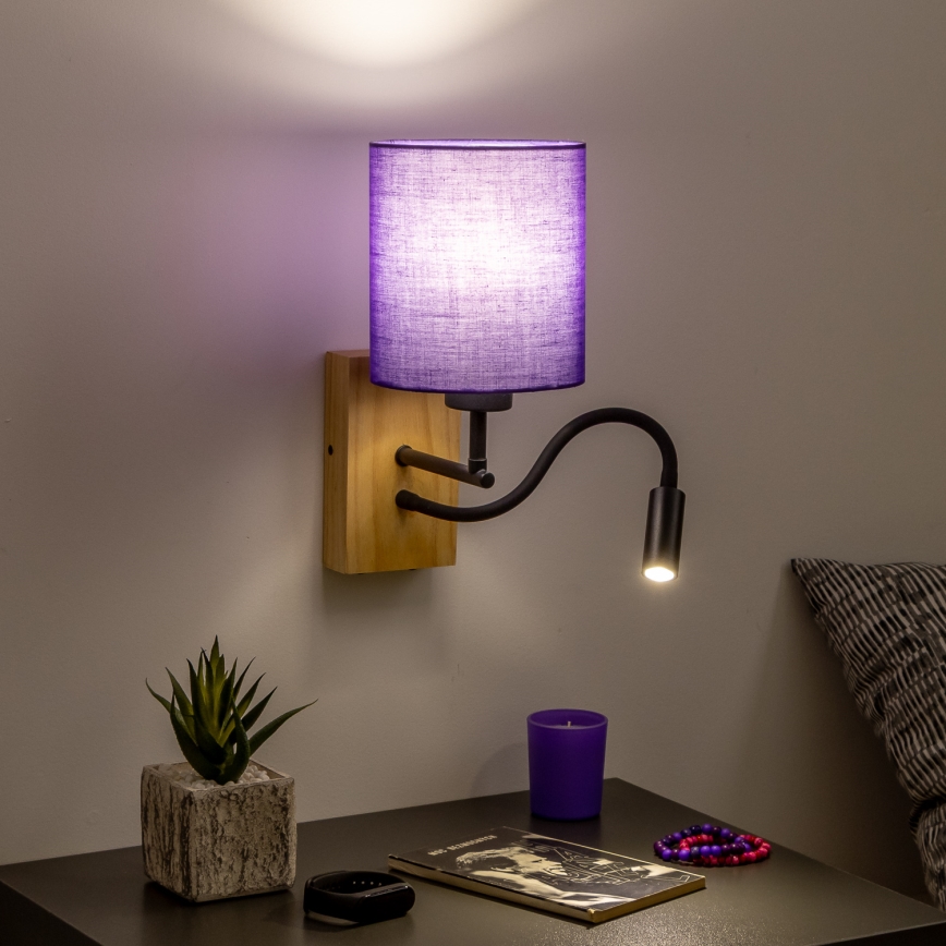 Brilagi - LED Candeeiro de parede flexível NUBILA WOOD 1xE27/25W/230V + LED/3W carvalho/roxo