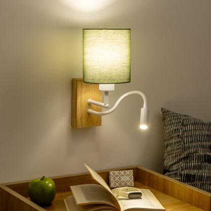 Brilagi - LED Candeeiro de parede flexível NUBILA WOOD 1xE27/25W/230V + LED/3W carvalho/verde