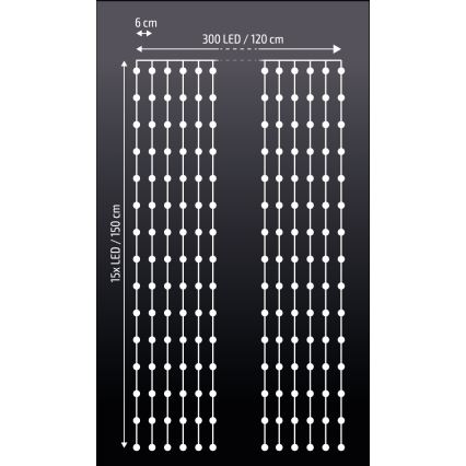 Brilagi - Cortina de Natal LED 300xLED/8 funções/3xAA/USB 1,2m branco frio