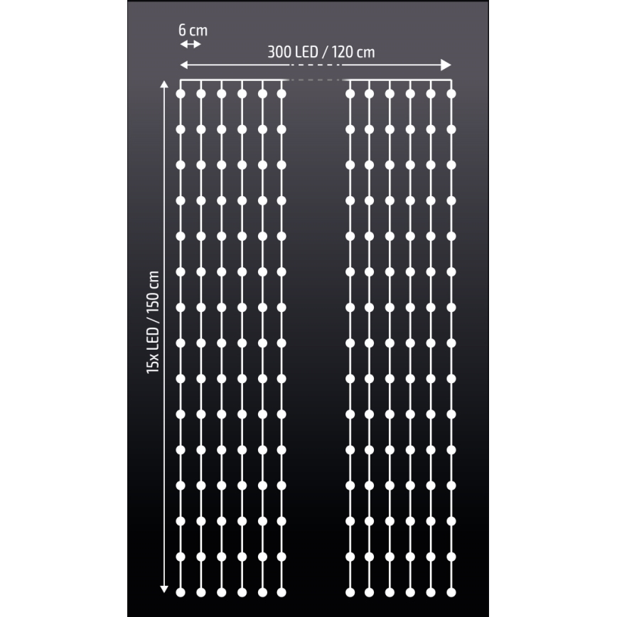 Brilagi - Cortina de Natal LED 300xLED/8 funções/3xAA/USB 1,2m branco frio