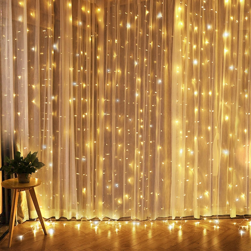 Brilagi - Cortina de Natal LED 300xLED/8 funções/3xAA/USB 1,2m branco quente