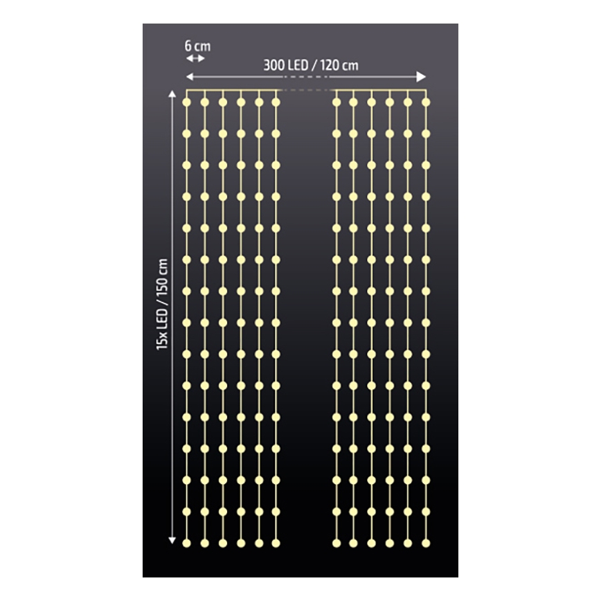 Brilagi - Cortina de Natal LED 300xLED/8 funções/3xAA/USB 1,2m branco quente